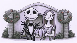 Jack Skellington and Sally between Halloween and Christmas imagery with pumpkins and festive decorations.