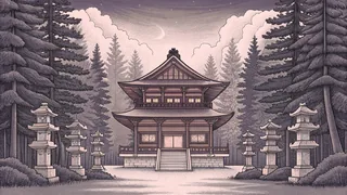 A traditional Japanese mountain temple set among tall pines with stone lanterns lighting the path to the entrance.