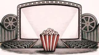 An unmarked theater marquee and spotlight beam shine above a striped popcorn box.