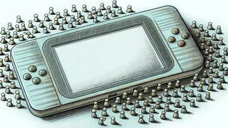 A capsule-toy machine and plastic figurines beside a blank-screened handheld.
