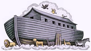 Various animals entering a large ark as storm clouds gather overhead