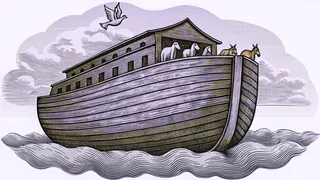 A wooden ark floats on flood waters with animals aboard and a dove carrying an olive branch.