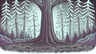 A forest floor is carpeted with delicate ferns and soft mosses beneath towering conifer trees and an ancient ginkgo tree.