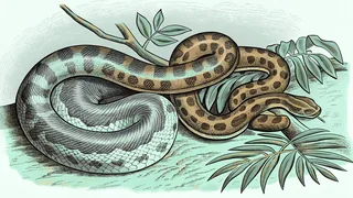 A python and green tree boa wind through lush tropical canopy vegetation.