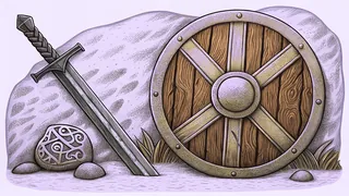 Viking sword, shield, and Thor's hammer on Nordic mythological background
