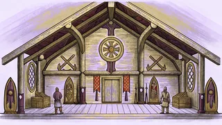 Viking warriors in a Norse-themed hall with symbols.