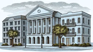 Historic antebellum architecture reflected in still water in Charleston.