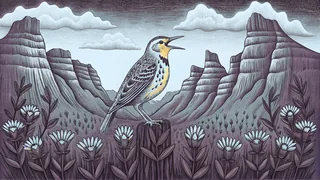 A meadowlark stands proud among prairie wildflowers and grain fields.