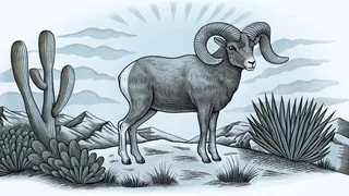A desert bighorn sheep standing on rocky cliffs at first light.