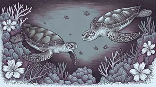 Sea turtles swim in turquoise waters off limestone island cliffs with tropical flowers.