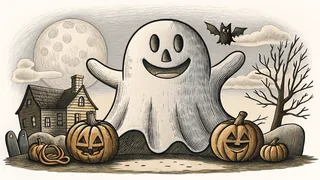 Cheerful Halloween decorations including a friendly ghost and jack-o'-lantern.