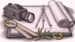 Studio filming equipment and mathematical instruments are arranged on a bright work surface.