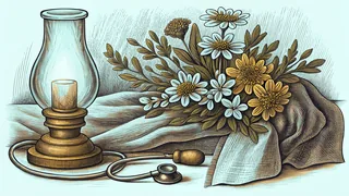 A lit oil lamp and a stethoscope rest beside a bouquet of flowers.