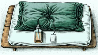 An IV infusion bag and an unlabeled dosage vial rest on a bedside medical tray.