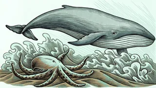 A mighty blue whale swims above dolphins and an octopus in the deep blue ocean