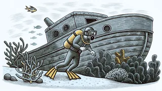 A fully equipped scuba diver exploring a sunken ship on the seafloor.