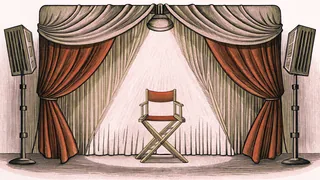 Two theatrical spotlights cross above a leather director's chair positioned center stage between rich velvet drapes.