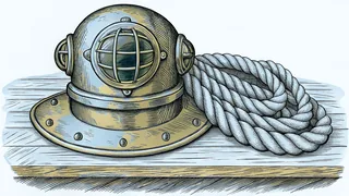 A brass diving helmet resting beside a thick coil of rope on wet planking.