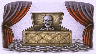 A skeletal figure emerges from dark water beside a rusted jack-in-the-box.