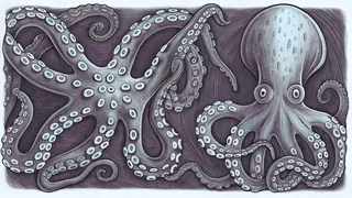 A curious octopus and squid displaying arms, suckers, and an ancient nautilus.