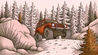 A rugged all-terrain vehicle climbs muddy terrain through forest with a powerful winch mounted.