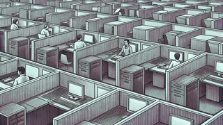 An open-plan office with desk workers, computer terminals, and office supplies.