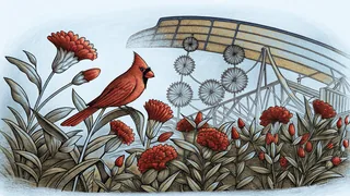 A cardinal alights on red carnations as an airplane flies past distant coasters.