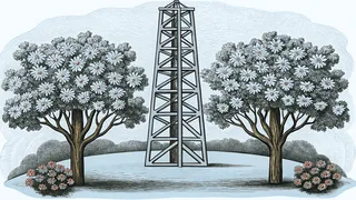 An oil derrick stands near the Survivor Tree in blooming Myriad Gardens.