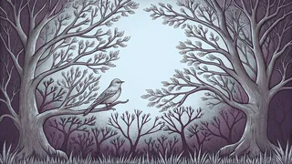 A flycatcher hunts insects among blooming redbuds and wild roses.