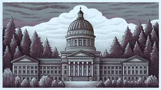 Mount Rainier towers above Olympia's State House and surrounding forests.