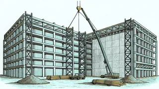 A construction site with crane, steel girders, metal scaffolding, rubble, and tools.