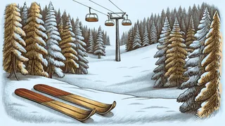 Alpine ski equipment leans together on a snow-covered mountain slope.