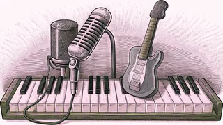 A modern microphone stands beside a grand piano with an acoustic guitar and spotlight.