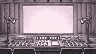 An on-air lamp and studio camera stand beside a control-room console.