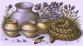 A bee hovers beside a stack of clattering pots and a coiled snake.