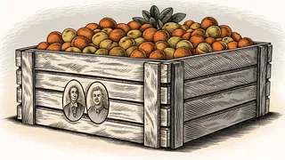 A wooden crate bursts with bright oranges, apricots, peaches, and golden citrus fruits.