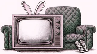 A vintage TV set with rabbit ears stands next to a remote control on a living room sofa set.