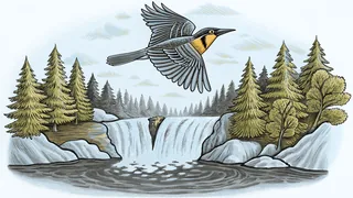 A meadowlark soars above Douglas firs with Silver Falls plunging into clear water.