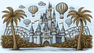 A whimsical theme park castle rises above water attractions and lush tropical vegetation