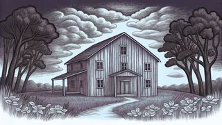 A charming farmstead with rose gardens and fruit stands borders a scenic creek