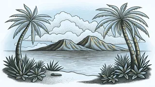 Volcanic tropical islands with palms silhouetted against tropical sunset