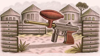 A paintball marker and loader sit on a terrain course with protective bunkers nearby.