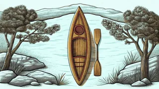 A kayak rests beside a carpenter's level and a spinning helicopter rotor blade.