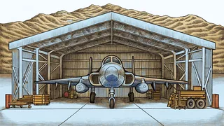 A jet aircraft stands on an airfield with desert mountains stretching to the horizon