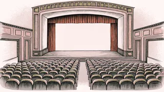 A cinema seat row and spotlight illuminate a grand theatre lobby.