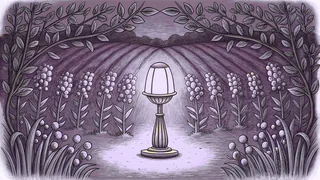 Garden scene with mustard plants, an oil lamp, precious pearls, and hidden treasure.