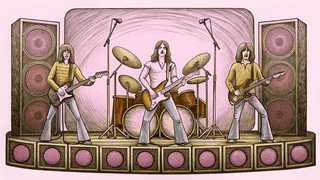 A rock band performing on stage with illuminated guitars and amplifiers.