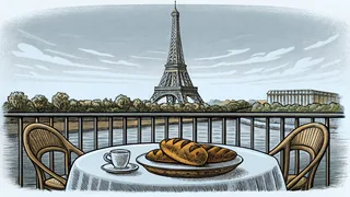 A baguette on a café table with the Eiffel Tower rising across the Seine.