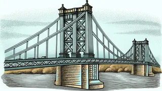 A steel truss bridge with suspension cables and a tall tower stretching across a wide river.