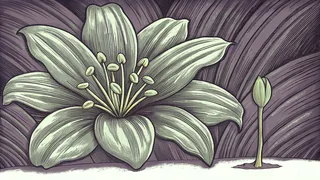 Cross-section of a flower revealing inner reproductive parts with a green seedling sprouting nearby.